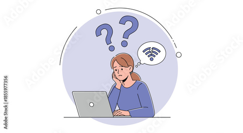 A frustrated woman at her laptop experiencing a bad internet connection with weak Wi-Fi signal and question marks.