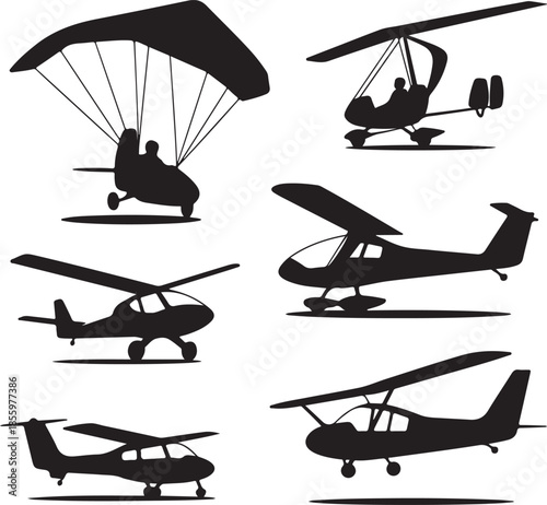 Collection of ultralight aircraft and paragliding silhouettes isolated
