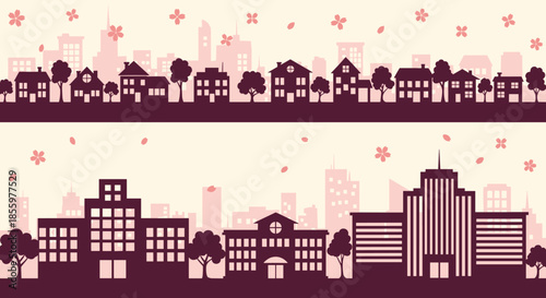 Spring cityscape banners with silhouettes of suburban homes and a downtown city skyline with falling cherry blossom petals.