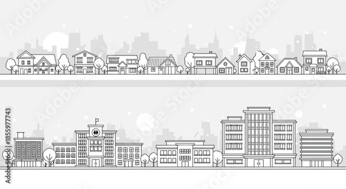 Two black and white line art banners illustrating a quiet residential street and a bustling city center with large buildings.