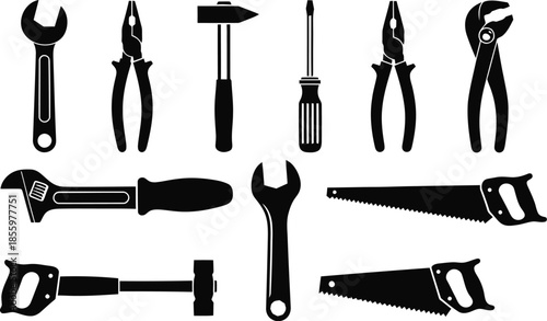 A series of nine black and white representing communication and technology including email speech