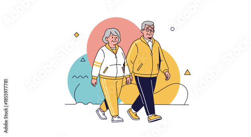 A happy senior couple in matching tracksuits enjoys an active lifestyle by walking and exercising together outdoors.