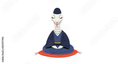 An illustration of an anthropomorphic white snake character wearing a traditional japanese kimono and meditating on a cushion.