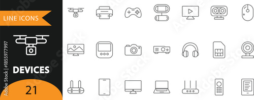 A set of 21 minimalist line icons representing various electronic devices including drones, cameras, laptops, and smart tech. Ideal for technology product interfaces, e-commerce gadget categories, and