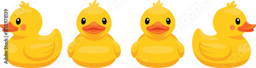 Set of classic yellow rubber duck toys in front and side views for bathroom decor and baby shower designs.