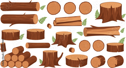 Large collection of wooden logs tree stumps and timber planks with forest fern leaves for woodworking and nature designs.