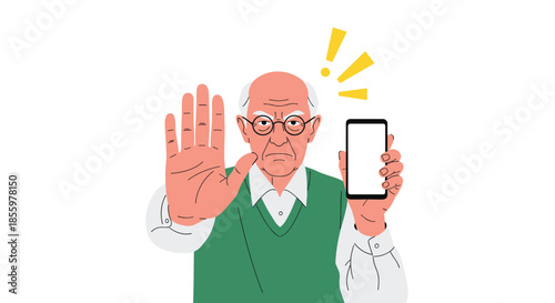 An angry senior man holds up a blank smartphone and makes a stop gesture to refuse or warn about something.
