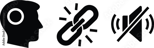 Three black and white representing a human head with a lightbulb a linked chain with a