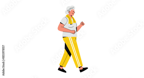 An active senior woman in sportswear walking or jogging as part of her healthy exercise routine for seniors.