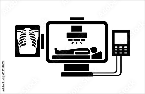 Minimalist Medical Radiology Icon featuring X-ray Chest Scan, Patient Imaging Table, and Control Monitor