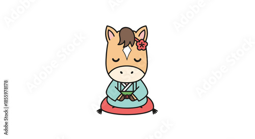 A cute cartoon horse character wearing a traditional kimono and holding a teacup for a japanese new year celebration.