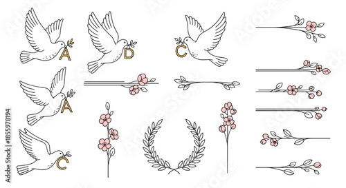 A delicate set of line art illustrations featuring flying doves with letters floral dividers and a laurel wreath.