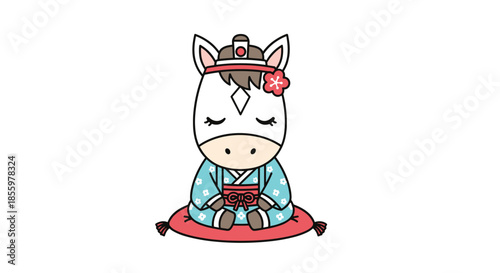 An adorable cartoon horse character wearing a traditional blue kimono sitting on a red cushion for new year celebrations.