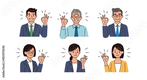 A diverse set of smiling business people of different ages and genders making the OK hand gesture for approval.