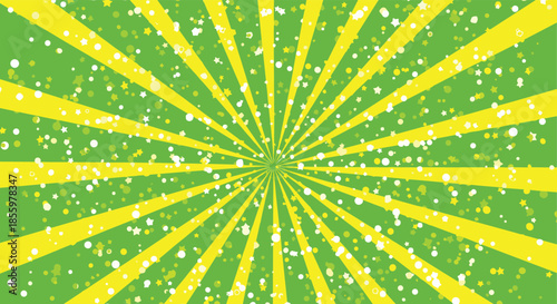 A vibrant green and yellow sunburst background with scattered stars and confetti creating a festive and celebratory mood.
