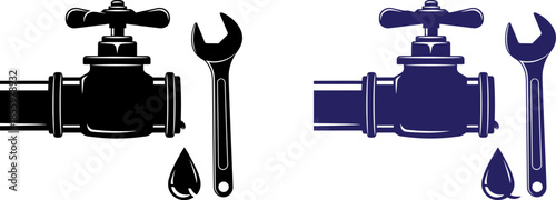 Set of plumbing repair icons featuring valves and wrenches for maintenance and fixing leaks