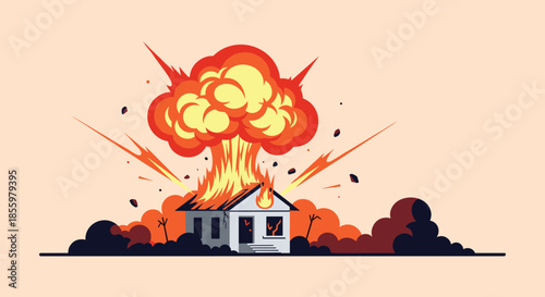 A cartoon illustration of a house on fire with a large fiery explosion erupting from the roof and smoke.