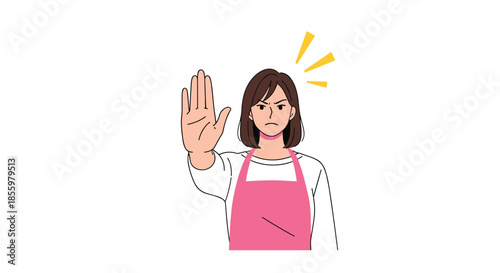 A serious woman wearing a pink apron makes a stop gesture with her hand to refuse or prohibit something in this vector illustration.
