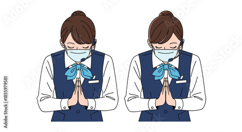 A polite female receptionist or call center agent wearing a face mask and headset bows deeply as a sign of respect or apology.