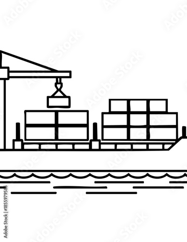 Cargo ship transporting containers on the ocean with crane loading