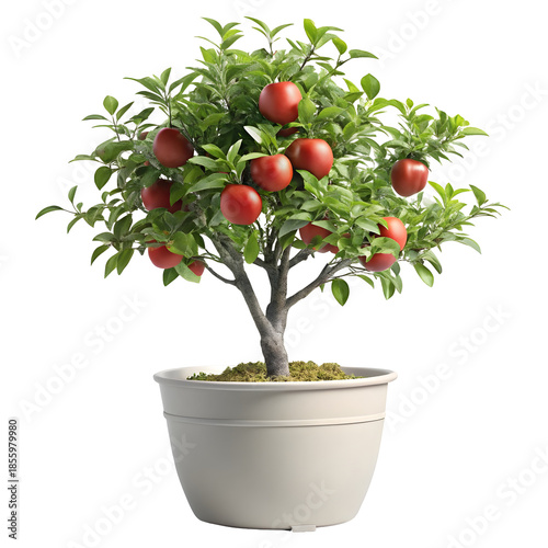 Bonsai tree with red fruit in white pot