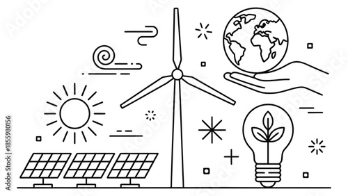 Renewable energy concept illustration with solar panel, wind turbine, earth and eco light bulb, sustainable green energy line art design