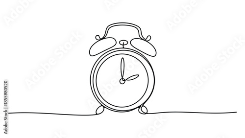 Continuous one line alarm clock illustration showing time concept, minimal line art symbol for schedule, deadline and reminder isolated on white