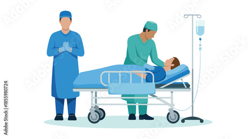 Doctors performing surgery in hospital operating room with patient on bed, medical team illustration showing healthcare treatment and care