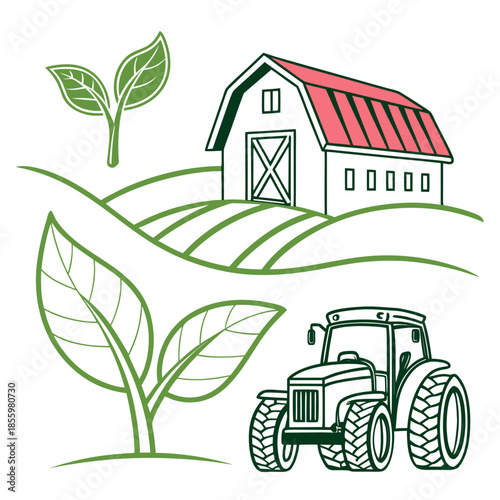 Rural farm scene with barn and tractor