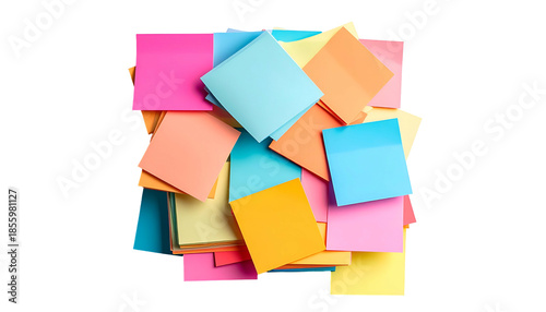 A colorful, scattered pile of square sticky notes, overlapping against a dark background