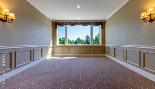 Spacious empty room with large bay window overlooking a green landscape on a sunny day