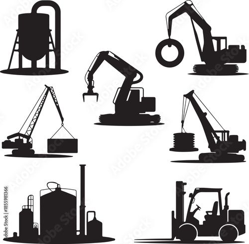 Collection of heavy industrial machinery and equipment silhouettes