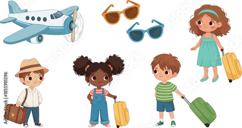 Set of cute diverse children traveling with suitcases airplane and sunglasses isolated on white background for summer vacation design.