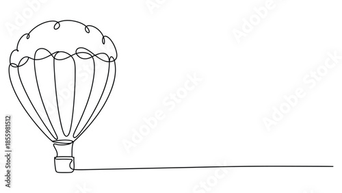 Continuous one line hot air balloon illustration with basket floating in the sky, minimal line art drawing for travel and adventure concept