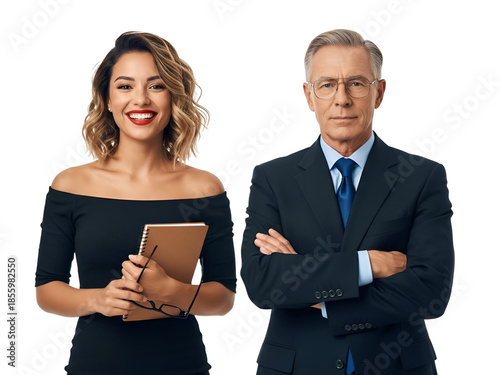 Confident diverse business professionals: a smiling young businesswoman with a notebook and an experienced senior executive with crossed arms, portraying teamwork and expertise, isolated on transparen