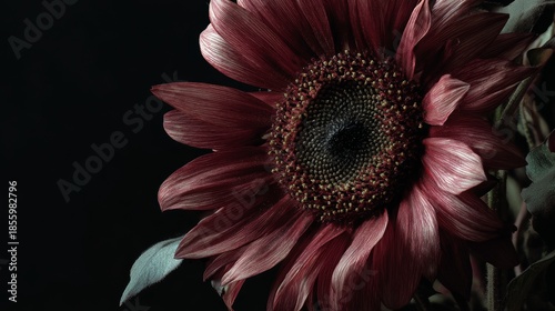 Close view of a sunflower with dark background showing petals and seeds in detail during an indoor setting