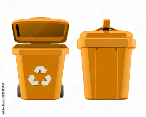 Two orange recycling bins one open displaying the universal recycling symbol