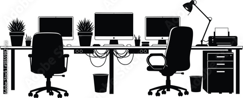 Modern office workstation setup, dual desk layout with computers, organized workspace with plants, office chairs, printer and accessories, professional working environment