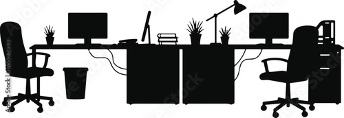 Modern shared office desk setup, dual workstation with computers, organized workspace with plants, office chairs, desk accessories, professional workplace illustration