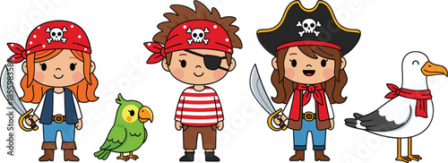 Set of cute little pirate kids with eye patches and swords featuring a green parrot and seagull characters.