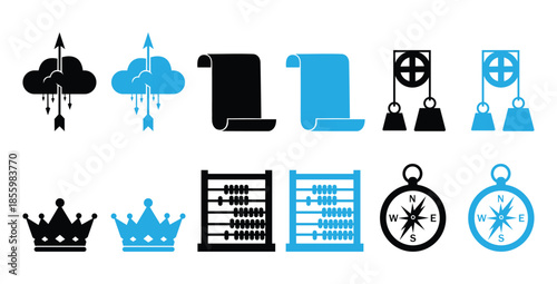 A set of modern business and navigation icons in black and blue, featuring symbols for finance, leadership, and direction.