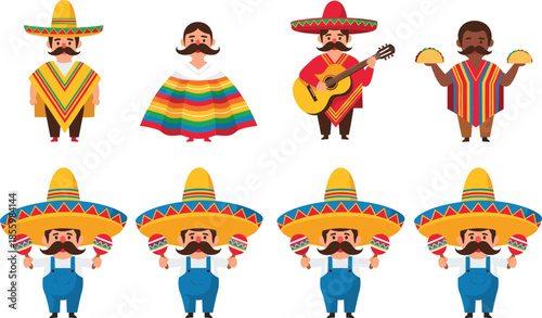 Set of cute Mexican men characters wearing traditional sombreros holding maracas playing guitar and eating tacos isolated on white background