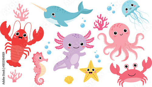 Set of cute ocean animal characters including octopus narwhal axolotl crab lobster and seahorse for children marine designs.