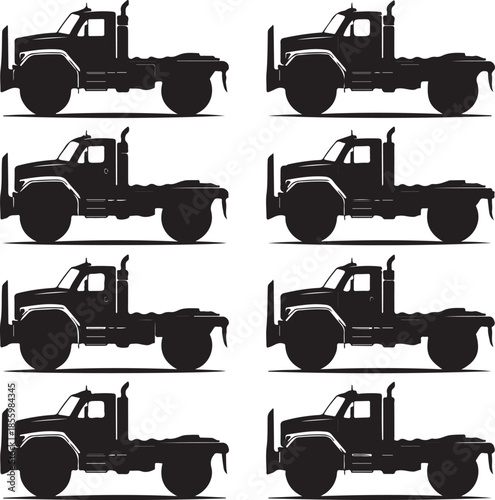 Eight identical flat trucks in silhouette style isolated