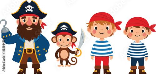 Set of cute pirate characters including captain with hook little boys in striped shirts and a pirate monkey.
