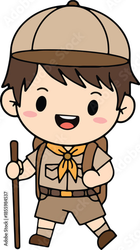 A cheerful cartoon boy scout in a complete uniform, ready for adventure with his backpack and walking stick, exuding joy and excitement