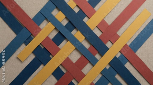 Colorful geometric pattern with intersecting red, blue, and yellow stripes on a neutral background