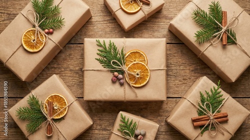 Six brown gift boxes adorned with dried orange slices, pine sprigs, cinnamon sticks, and twine on a wooden surface