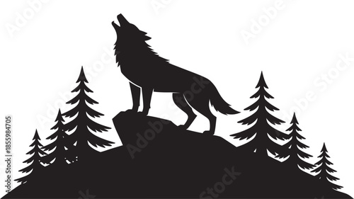 A silhouette vector illustration of a wild wolf howling at the moon on top of a rocky hill
