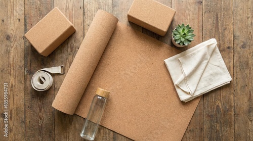 Yoga mat, blocks, strap, towel, and small plant arranged on a wooden floor for a serene practice session